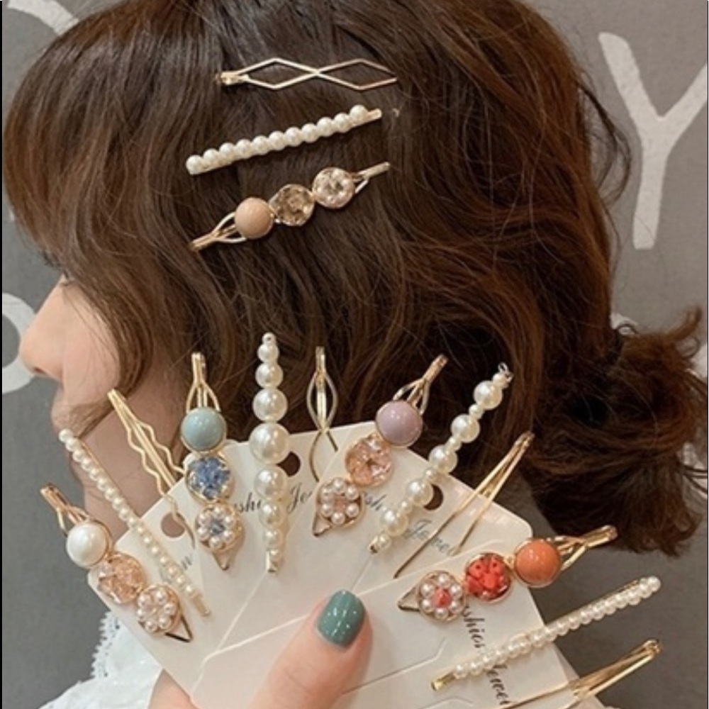 GIFT 🎁 HAIR CLIP PEARLS &LIGHT BLUE DRUZZY STONE - Picture 3 of 3